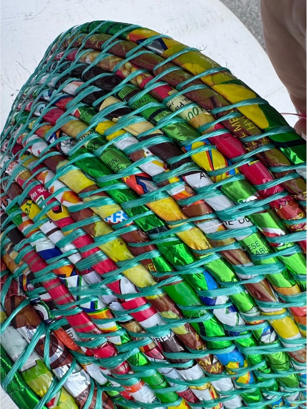 Handmade Upcycled Recycled Wrapper Basket Bowl Colorful Woven Folk Art 12”